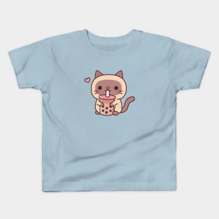 Cute Siamese Cat Loves Drinking Bubble Tea Kids T-Shirt